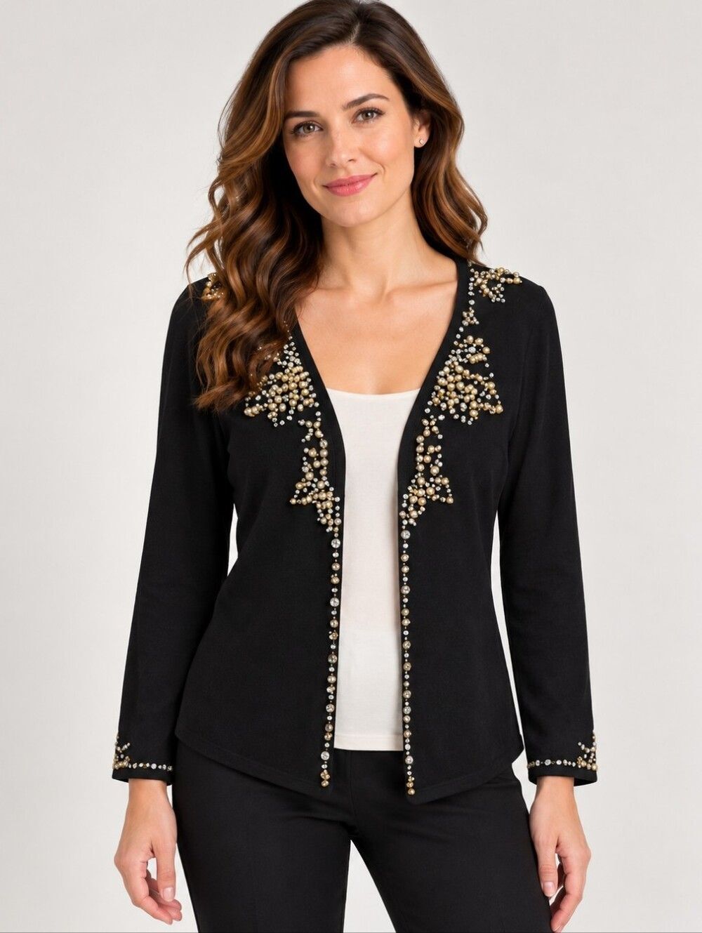 EUC BCBGMAXAZRIA women's black rhinestone stone beaded sweater cardigan XL